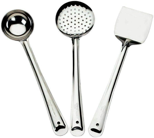 Ladle Skimmer Turner Chamcha Kadchi Palta Kitchen item Set of 3 Silver,13 inches