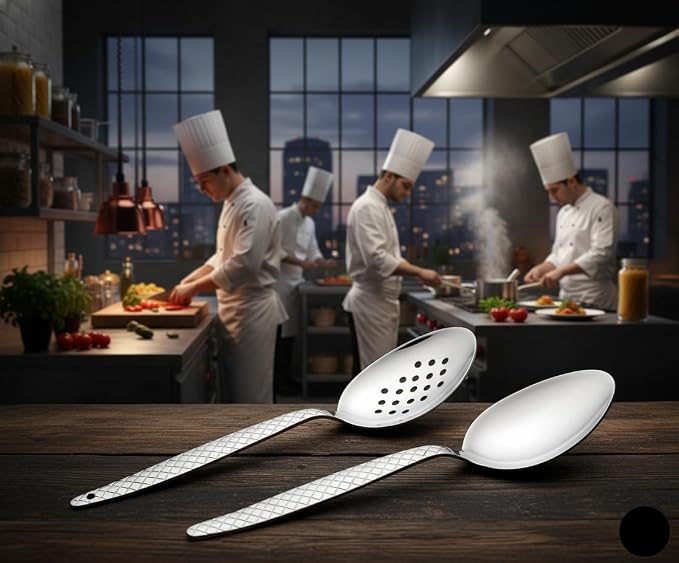 Chef Kunz Spoon | Pack of 2 | 9 inch 18/10 Stainless Steel Silver Plating Spoon | Non-Slip Grip Spoons for Basting, Quenelle, Serving, Sauces (Medium 2, kunz Spoon Set (2 piece)