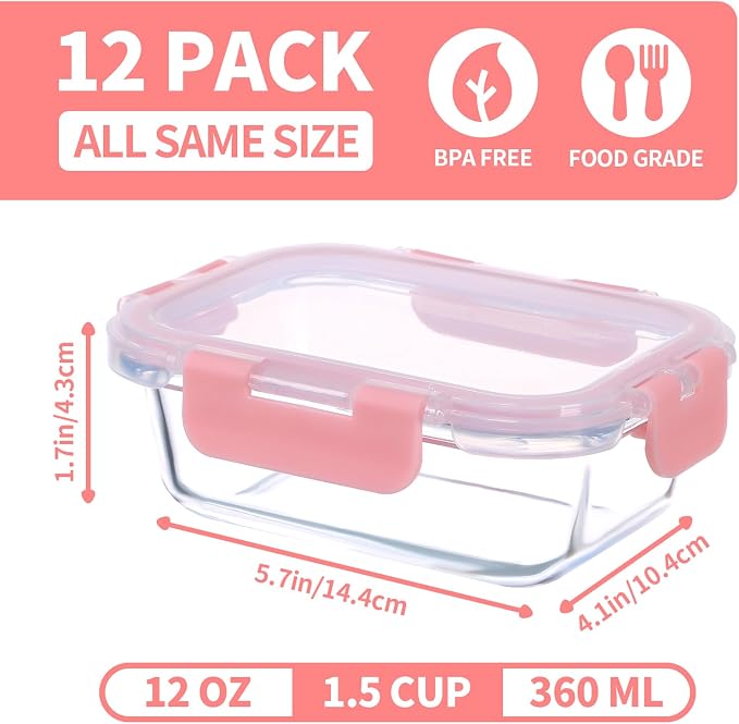 GULFLIN 12 Pack, 12oz Small Glass Food Storage Containers, Pink Set | Portion Control Glass Food Containers with Lids, Meal Prep, Freezer to Microwave Safe, Air-Tight, Leak-Proof