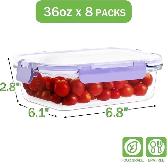 8-Pack 36oz Large Glass Meal Prep Containers with Leakproof Snap-Lock Lids | Borosilicate Glass Food Storage Containers and Bento Boxes , BPA-Free, Oven, Freezer and Dishwasher Safe-Purple