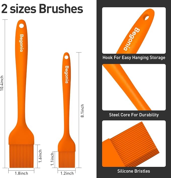 Begonia Silicone Kitchen Brush, 2pcs 10+8 inch Basting Brush (Orange) | Heat Resistant Pastry Brush for Cooking, Baking, Grilling, Spreading Oil