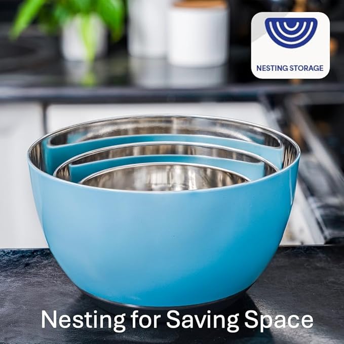 Stainless Steel Mixing Bowls Set, 3-Piece with Silicone Base | 1.5, 3 & 5 Qt Metal Bowls for Meal Prep, Baking, Cooking, Serving & Food Storage, Non-Slip Base, Dishwasher Safe, Blue