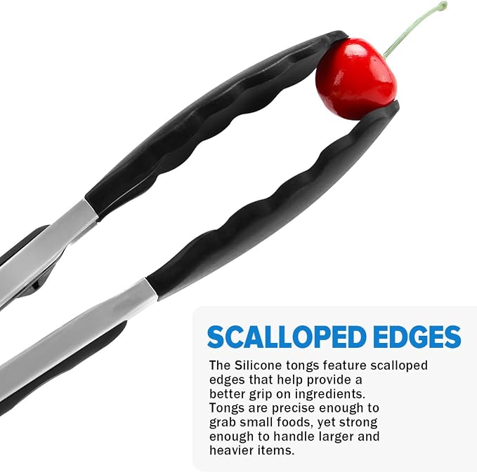 Kitchen Tongs for Cooking, Non Scratch Silicone Tip for Nonstick Cooking Pans, Food Grade Mini Serving Tongs, Pull Lock, Set of 3 (Black, 9 inch)