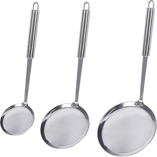 Newness Fine Mesh Skimmer Spoon, Professional 304 Stainless Steel Hot Pot Fat Strainer for Oil Filter Skimming Grease and Foam, Durable Multi-Functional Kitchen Cooking Mesh Food Strainer Ladle-3 Pack