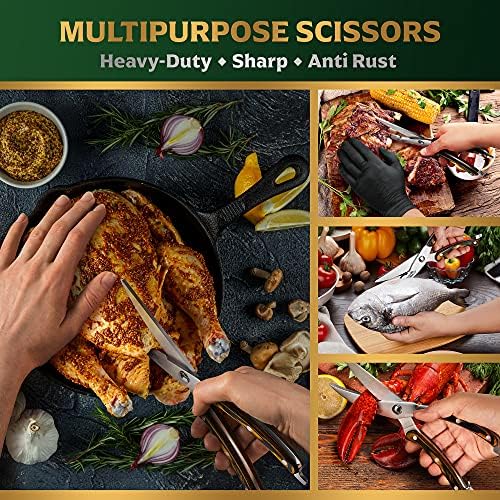 Heavy Duty Poultry Shears - Professional Stainless Steel Kitchen Scissors for Chicken, Meat, & Bone - Spring Loaded Food Shears with Ergonomic Brown Wooden Handle