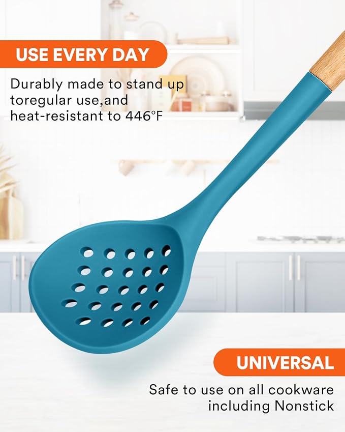 Kitchen Ladle Strainer, Large Slotted Spoon with High Heat Resistant BPA Free, Non Stick Cooking Skimmers For Draining & Frying, 13.2inch (Blue)