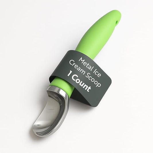 Restaurantware Comfy Grip 7.9 x 2 Inch Kitchen Ice Cream Scoop 1 Heavy-Duty Ice Cream Disher - Ergonomic PP Handle Dishwashable Green Metal Ice Cream Spade With Lid Opener Notch Multi-Use