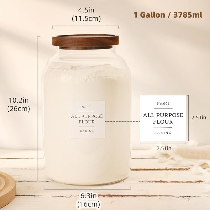 2 Pack Large Glass Flour and Sugar Storage Containers with Airtight Acacia Wood Lids and 132 Kitchen Pantey Labels Preprint - 1 Gallon Borosilicate Glass Canister Sets for Food,Pasta,Cookie,Rice