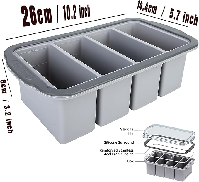 Extra Large Silicone Ice Cube Tray with Lid, Easy Release 1.5 Cup Freezer Trays for Soup, Broth, Sauce & Food Storage, BPA-Free Reusable Freezing Mold, 2 Pack Grey