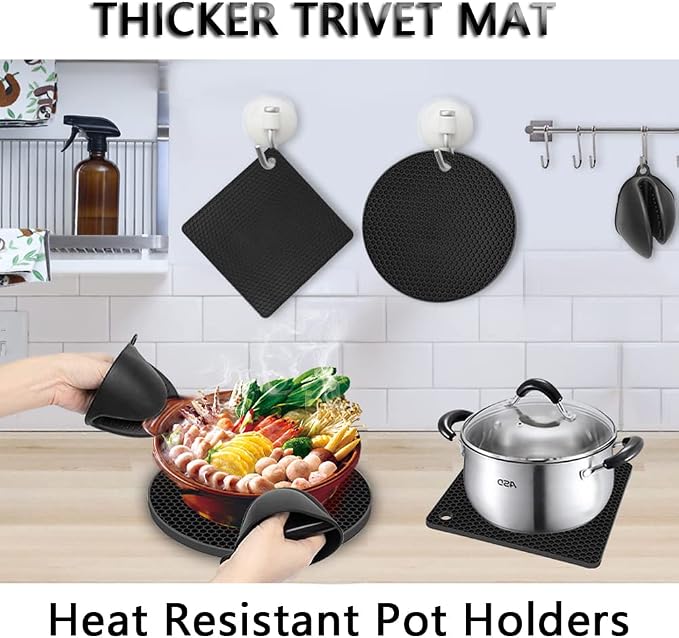Silicone Trivet Pot Mat, Silicone Pot Holders for Hot Pan and Pot Pads. Heat Resistant Counter Mats for Tables Placemats,Countertops, Spoon Rest and Large Coasters,4 Pack Black(2 Squared + 2 Round)