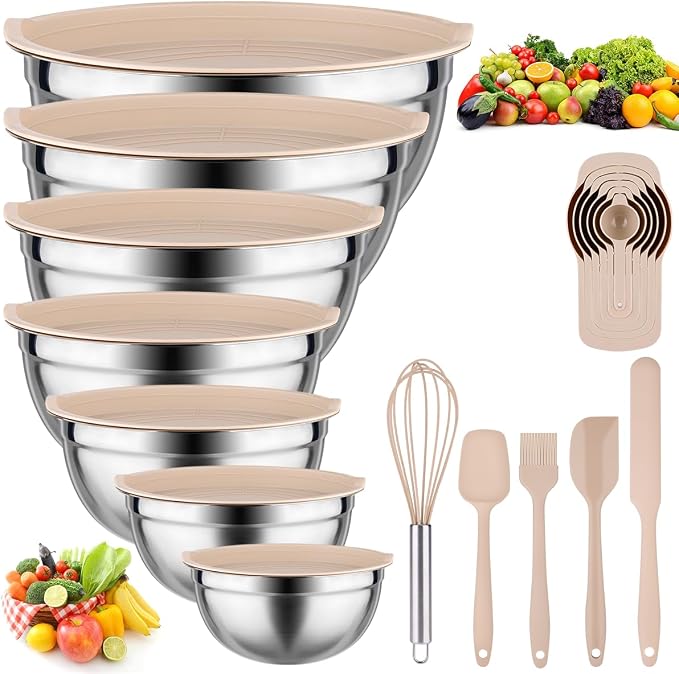 Leidawn Mixing Bowls with Lids Set, 25 PCS Khaki Mixing Bowl for Kitchen | Stainless Steel Nesting Bowls for Baking, Mixing, Serving & Prepping, Size 5, 3.7, 2.8, 2.3, 1.7, 1.1, 0.7QT, 11 Utensils