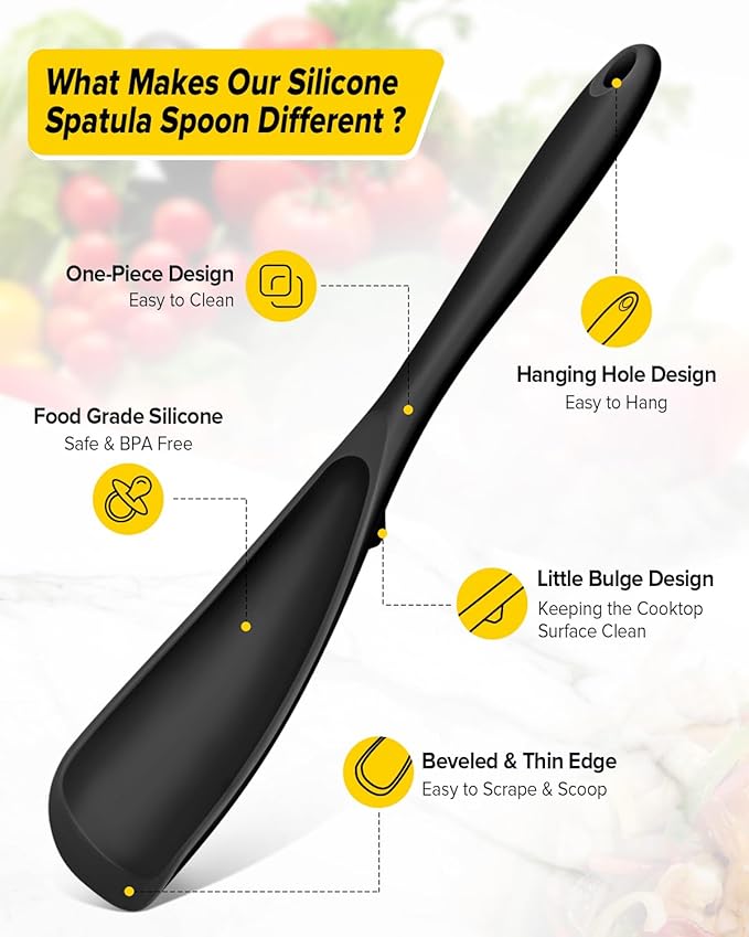 Pack of 2 Cooking Spoons for Non Stick Cookware, Multifunction Spatula Spoon BPA-Free, One-Piece Design, Suitable for Scooping, Scraping, Serving and Mixing(BLACK)