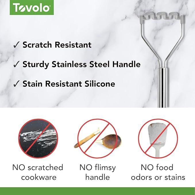 Tovolo Silicone Potato Masher Stainless Steel Handle Oyster Gray Dishwasher Safe Heat Resistant Non Scratch Handheld Coil Wire Potato Smasher for Nonstick Pans Ergonomic Kitchen Food Prep Tool