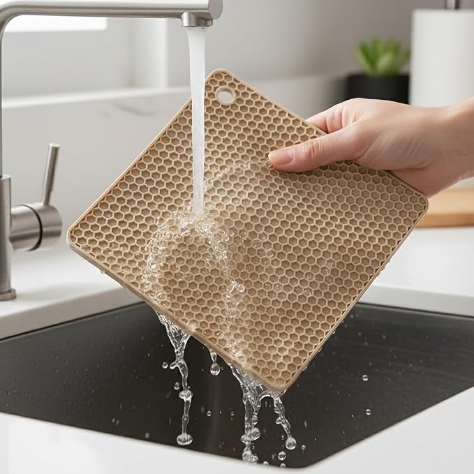 6-Pack Silicone Trivet Mats, Heat Resistant Hot Pads, Dishwasher Safe Kitchen Mats, BPA-Free Pot Holders for Table, Countertop, Stove, Honeycomb Design (Beige, 7” Square/Round)
