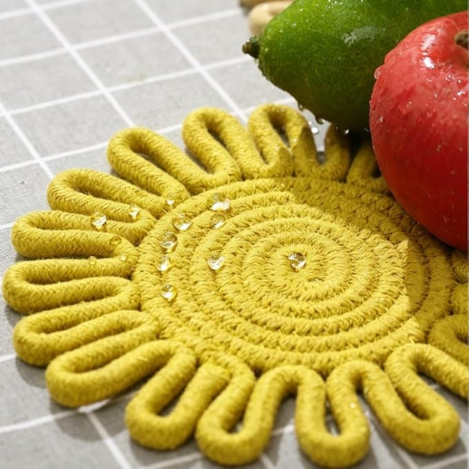 Kitchen Trivets for Hot Dishes Potholders for Countertop Hot Pads Hot Mats or Trivets for Hot Pots and Pans Home Essentials Boho Farmhouse Kitchen Decor Set of 3, 100% Cotton,7.5" (Yellow)