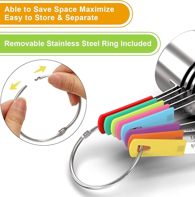 Wildone Stainless Steel 8-Piece Measuring Cups Set with Silicone Handle | Kitchen Gadgets for Cooking & Baking, Dishwasher Safe