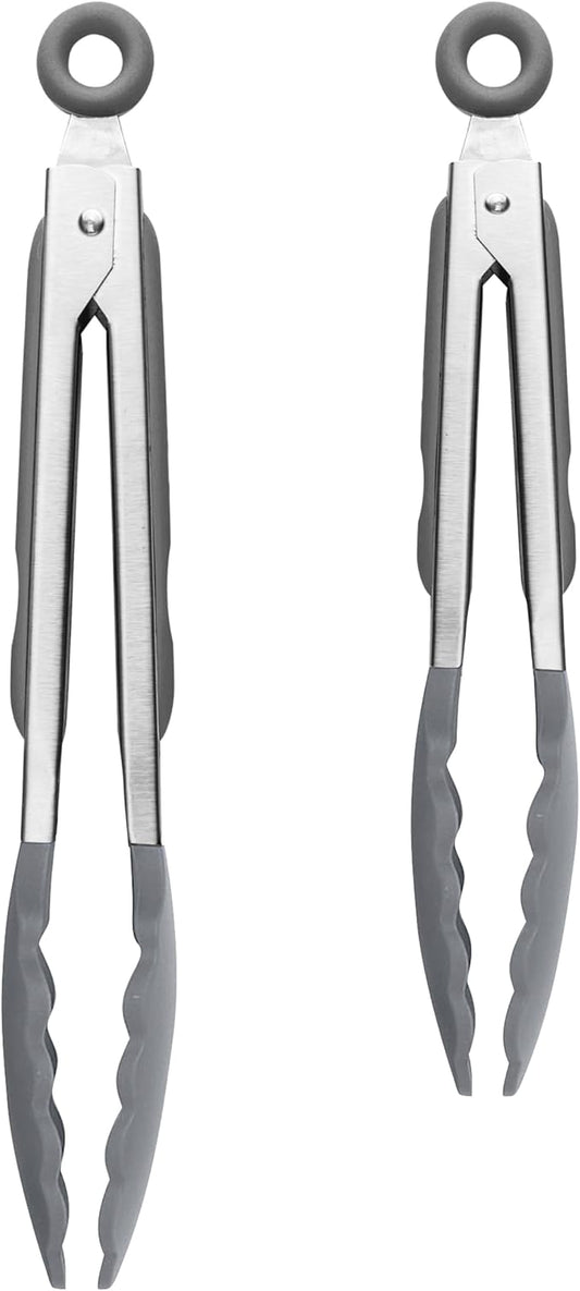Tovolo Stainless Steel Tongs with Silicone Tip Set 9" 12" with Easy Lock Mechanism for Grilling Air Fryer Cooking Serving Salad, Heat Resistant Silicone Tipped Kitchen Tongs Charcoal Gray