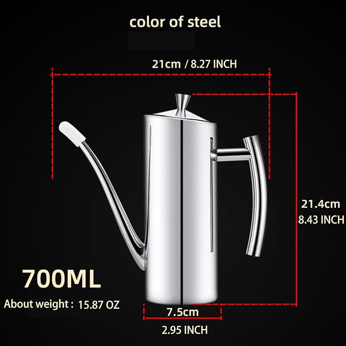 KSENDALO SUS304 24oz/700mL Stainless Steel Olive Oil Dispenser, Silver | Leakproof Oil Bottle, One-Piece Body, w/Long Spout Vertical Handle Kitchen Cruet for Precision Pouring