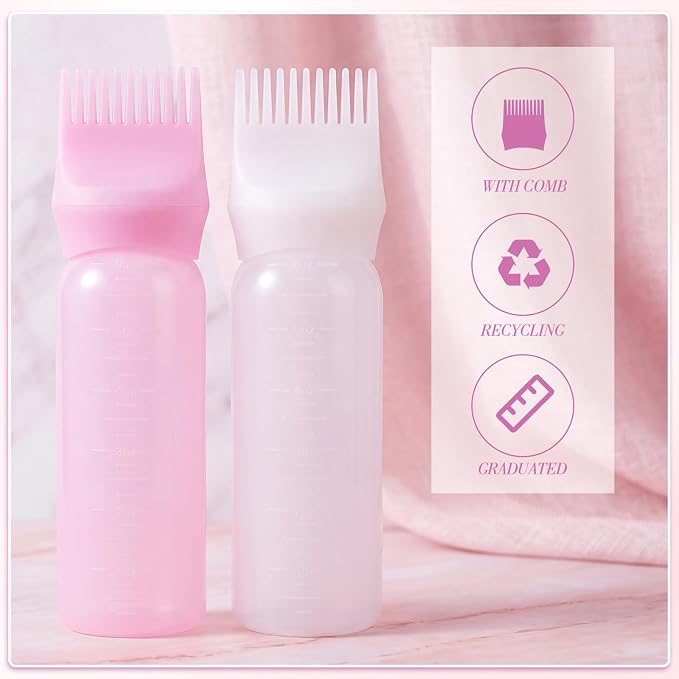 Pimoys 2Pcs 6Oz Root Comb Hair Dye Oil Applicator Bottles For Scalp | Pink White, Plastic Squeeze Bottle Dispenser with Graduated Scale, Comb Tip Applicator For Hair Coloring Oiling Home Salon