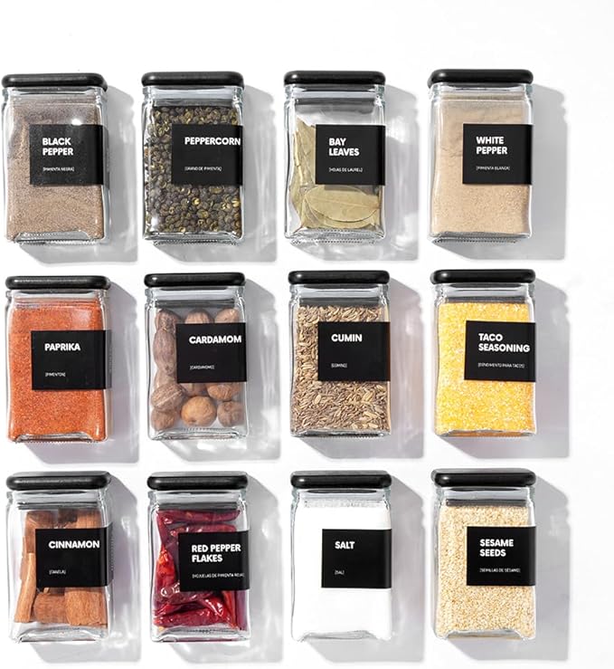 Glass Storage Jars with Bamboo Lid, glass canisters with airtight lids, Clear jars with lids for Spice, Cookie, Candy, Tea, Coffee Bean and Rice (Black, 4oz, set of 12)