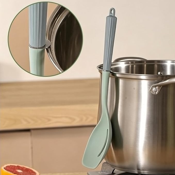 2 Pack Silicone Cooking Spoon Spatulas, 13Inch Non Stick Large Rubber Solid Slotted Spoon Set for Mixing, Draining, Scraping, Heat Resistant Kitchen Utensils, Green+Grey