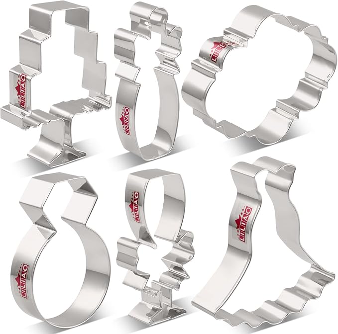 LILIAO Wedding Cookie Cutter Set for Anniversary/Bridal/Engagement - 6 Piece - Diamond Ring, Wedding Dress, Cake, Plaque, Champagne with Ribbon and Champagne Glass with Ribbon - Stainless Steel