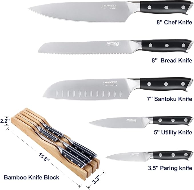 Topfeel 6Pcs Kitchen Knife Set with In-Drawer Bamboo Knife Organizer- 3.5-8 Inch Set Kitchen Knives German High Carbon Stainless Steel Sharp Knife, Knives Set for Kitchen with Ergonomic Handle