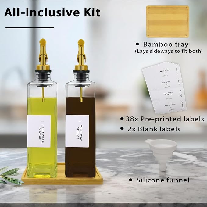 Olive Oil Dispenser Bottle for Kitchen with Bamboo Tray- Glass Oil & Vinegar Dispenser Set 16.9oz, Olive Oil Cruet, Elegant Kitchen Gift for Home Cooks(Clear, Set of 2)
