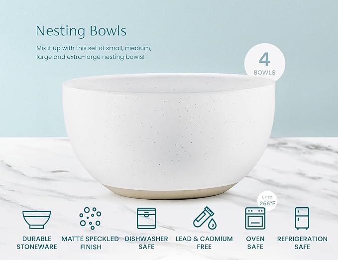 KooK Mixing Bowls, Ceramic Nesting Bowls, Stoneware Kitchen Bowls, For Prep, Serving, Dishwasher Safe, 18/40/90/140 oz, Set of 4, Moonstone