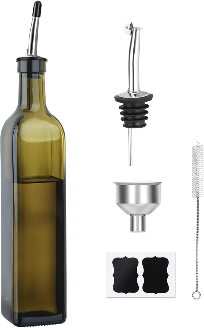 Green Olive Oil Dispenser Bottle - 17oz/500ml Glass Oil and Vinegar Bottles Set for Kitchen, Oil Dispenser with 2 Stainless Steel Pourers, Funnel and Brush
