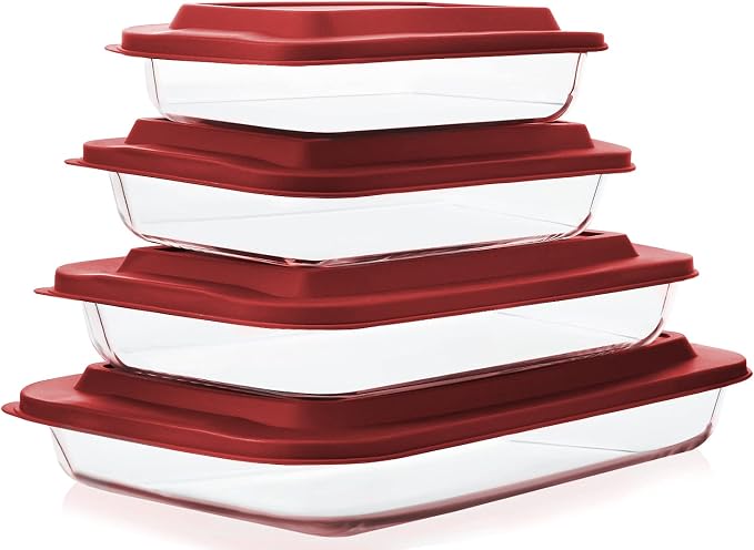 M MCIRCO 8 Piece Deep Glass Baking Dish with Lids, BPA free, Red | Rectangular Glass Bakeware Set, Baking Pans for Lasagna, Casserole Dishes, Microwave, Oven, Freezer, Dishwasher