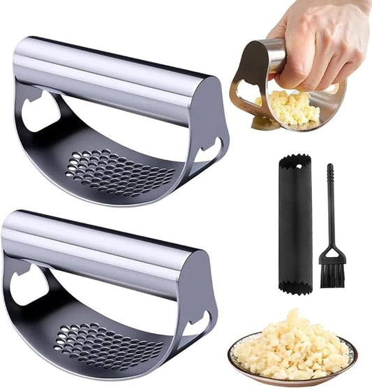 Stainless Steel Garlic Press Rocker, 2025 New Heavy Duty Gralic Crusher Tool with Peeler and Brush for Smash Garlic Built-in Bottle Opener - Easy Kitchen Gadget for Effortless Garlic Prep (2, black)