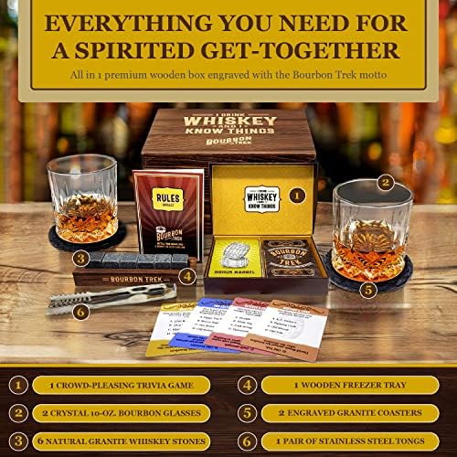 Boxed Set of Whiskey Gifts for Men - Includes Popular Whiskey Trivia, 2 Bourbon Glasses, 6 Stones, 2 Slate Coasters, 1 Wooden Freezer Tray & Stainless Steel Tongs - All in 1 Premium Giftable Box