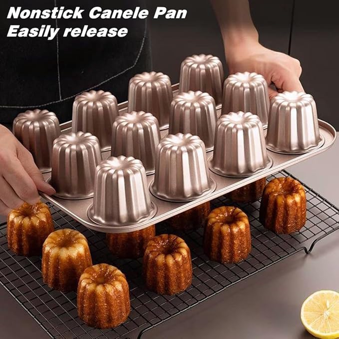 The Love 12-Cavity Nonstick Canele Mold Baking Cake Pan for Bread Muffin Cake Baking Pan, Gold