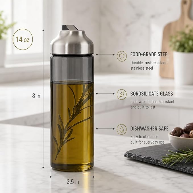 Aelga Olive Oil Dispenser Bottle for Kitchen, 14oz Dark Glass Vinegar Dispenser, Auto Flip Lid, UV-Protected Oil Cruet with Drip-Free Pour Spout