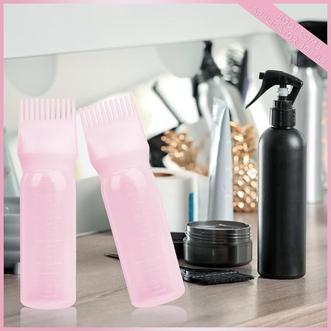 Root Comb Applicator Bottle 6 Ounce, 4 Pack Hair Oil Applicator with Root Comb Brush for Scalp Hair Oiling - Pink