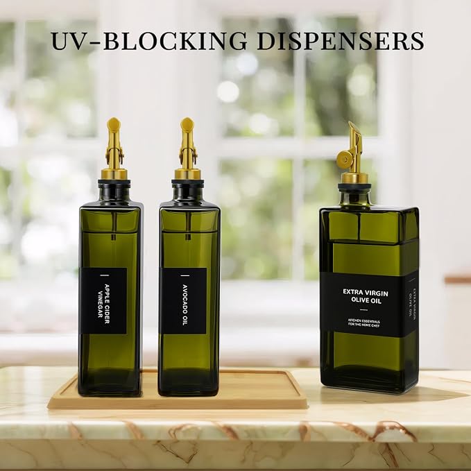 Olive Oil Dispenser Bottle for Kitchen with Bamboo Tray- Glass Oil and Vinegar Dispenser Set 16.9oz, Soy Sauce & Syrup Bottle, Modern Hostess Gift (Green, 16.9oz, Set of 3)