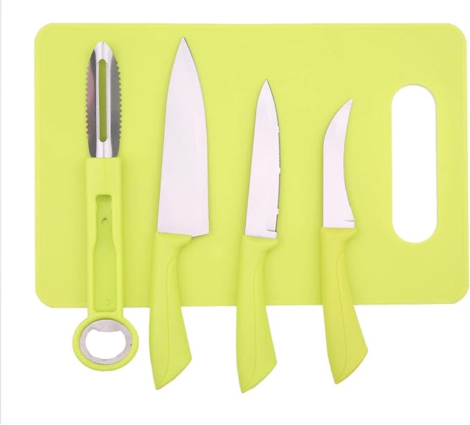 5 Piece Kitchen Knife Set Sharp Stainless Steel Blade, Utility Knife Peeler Paring Vegetable Potato Corer and Peeling with Cutting Board Green & Pink (Green)