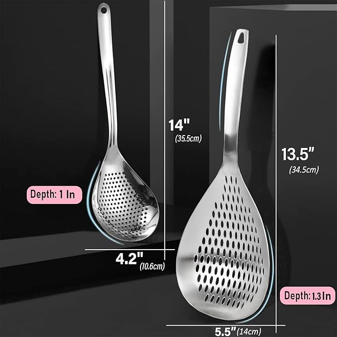 KAYCROWN Skimmer Slotted Spoon, 2 Pack Stainless Steel Pasta Spider Strainer Skimmer Ladle Spoon for Frying and Cooking, Frying Strainer, Kitchen Cooking Colander