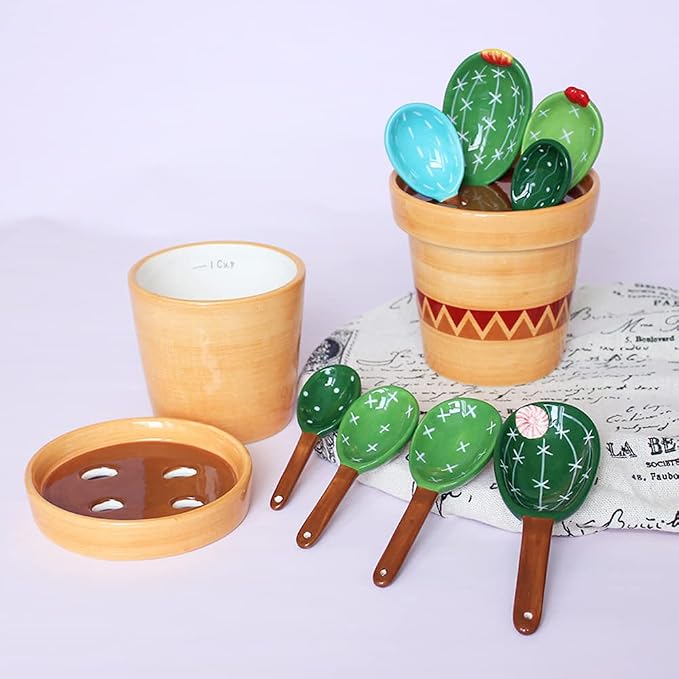 Ceramic Cactus Measuring Spoons with Holder Set of 5 Baking Measuring Spoons for Wet & Dry Ingredients Cactus Figurine Dishwasher Safe Mixed Colors 1 Tbsp 1 TSP 1/2 TSP 1/4 TSP 1 Cup Green