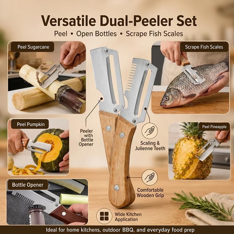 Multifunctional Vegetable Peeler Set, 2 Pack Ultra Sharp Stainless Steel Vegetable Peelers for Kitchen, Heavy Duty Wooden Handle Potato, Fruit & Vegetable Peeler with Julienne Blade, Bottle Opener