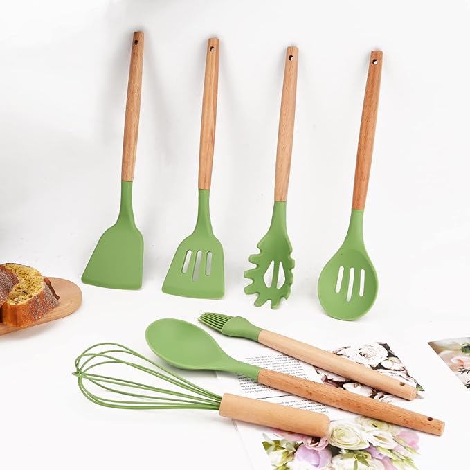 1pcs Avocado Green Silicone Cooking Utensils Heat Resistant Slotted Spoon Mixing Spoon,Wooden Handle Cooking Backing Spoons Set for Stirring, Mixing and Serving