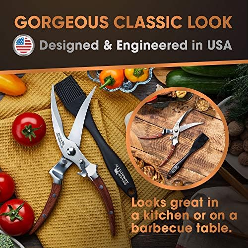 Heavy Duty Poultry Shears - Professional Stainless Steel Kitchen Scissors for Bone, Chicken, Meat, Fish & Vegetables - Spring Loaded (Brown Wood Handles)