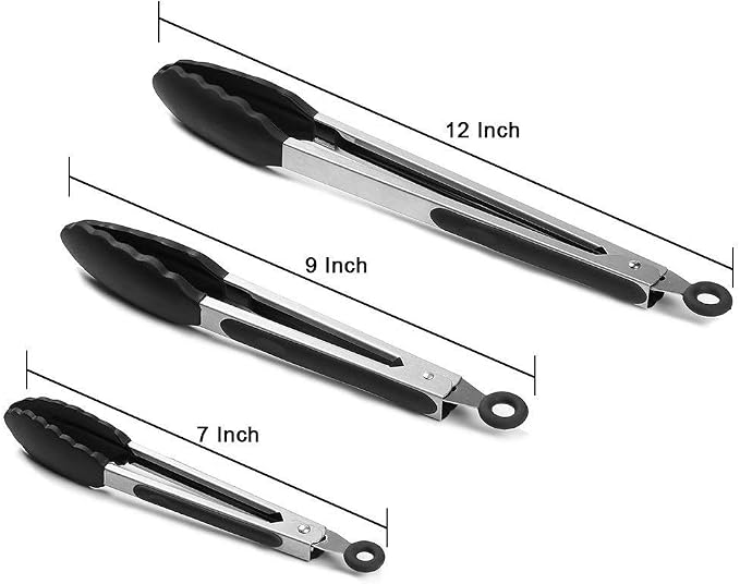 MOACC Kitchen Tongs for Cooking with Silicone Tips, Heat Resistant Kitchen Utensils Locking Silicone Tongs, Serving Food Tong Set of 3, 7,9,12 Inch