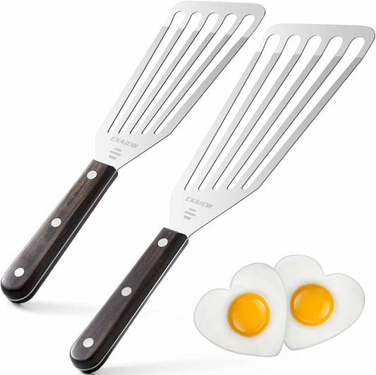 2 Pack Fish Spatula - Stainless Steel Spatula, Metal Spatula, Wooden Hdl | Kitchen Slotted Fish Turner/Spatula Set [ Large+Medium ] for Cooking & BBQ, Flipping Eggs, Burgers, Baking, Perfect Gifts