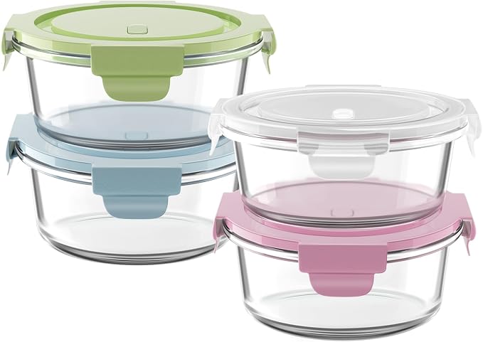 1.5Cup/12oz Small Glass Containers with Lids, Airtight Food Storage, 4 Pack | Leakproof丨Food Grade丨BPA-Free丨Borosilicate Glass丨Meal Prep Lunch Soup Leftovers丨Microwave Oven Dishwasher&Freezer Safe丨Round