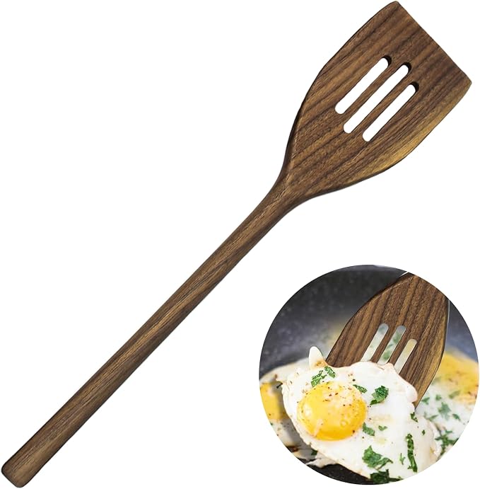 13.5" Wooden Slotted Spatula for Cooking, Walnut Wood Spatula, Wooden Cooking Spatula with Long Handle, Flat Wood Slotted Turner for Non Stick Cookware, Walnut Wooden Cooking Utensils