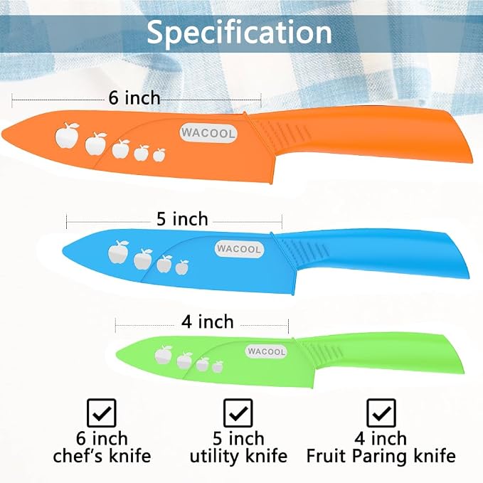WACOOL Kitchen Ceramic Knife Set with Sheaths, include 3-Piece 6-inch Chef's Knife, 5-inch Utility Knife,4-inch Fruit Paring Knife (Colorful Handle)