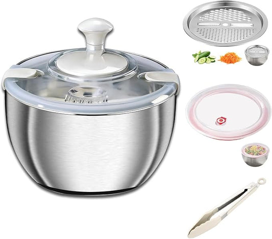 Large Salad Spinner with Storage Lid，5.29QT Stainless Steel Spin Dry Salad Greens Fruit Washing Bowl with Strainer Vegetable Cleaner washer Lettuce Spinner with slicer and julienne cutter