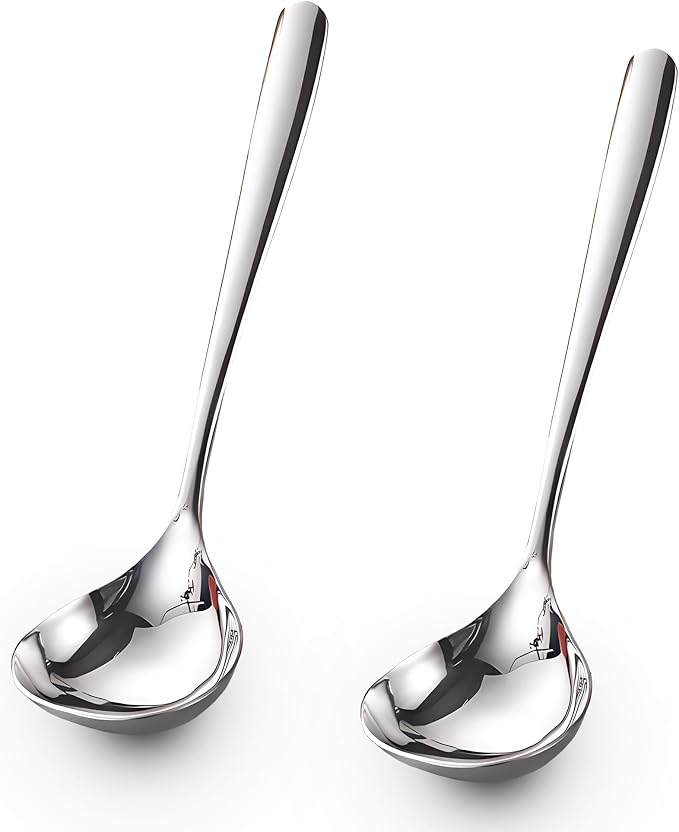 Comicfs 2 Pack Gravy Ladle, SUS 304 Stainless Steel Soup Ladle, Small Soup Ladles, Sauce Ladles, Small Serving Ladle, Solid Serving Spoon 8-Inch (Silver)